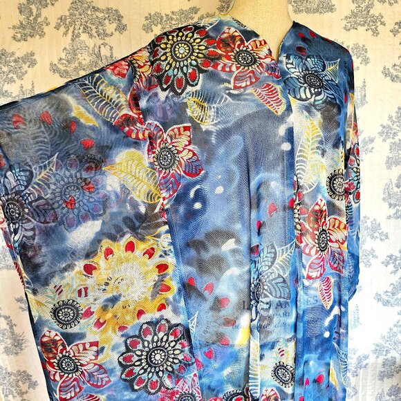 Retro Style Caftan Sheer Blue Floral S to Plus New - Picture 8 of 11